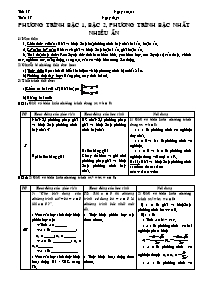 Giáo án bám sát Toán 10 CB tuần 17: Phương trình bậc 1, bậc 2, phương trình bậc nhất nhiều ẩn